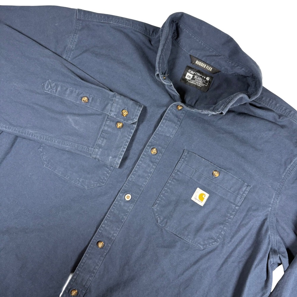 Carhartt Rugged Flex Relaxed Fit Button Down Shirt Mens 2XL Navy Blue 103554